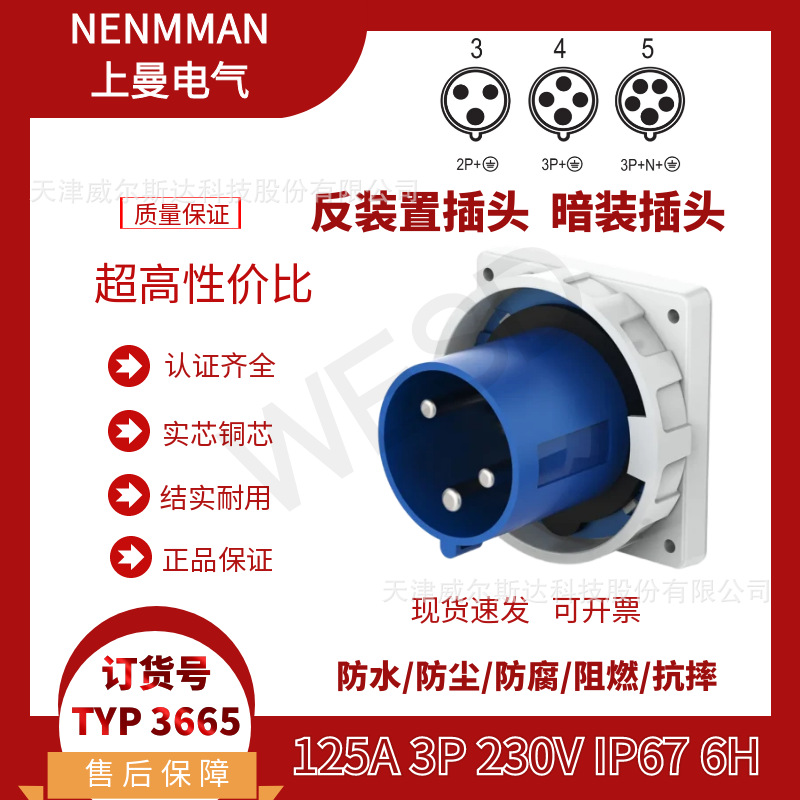 特价TYP:3665 工业防水暗装插头 反装置固定插头125A3芯IP67 专票