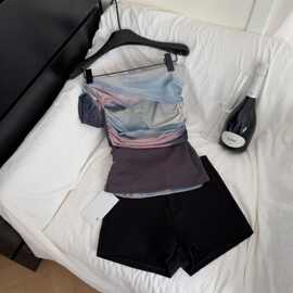纯欲辣妹一字肩拼接晕染网纱上衣女夏季设计感潮流褶皱短款T恤女