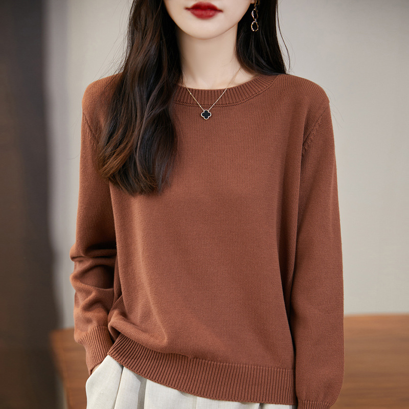 Round Neck Cotton Knit Sweater for Women, Striped Sweater, 2024 Autumn New Long Sleeve Thick Loose Base Shirt Top for Women