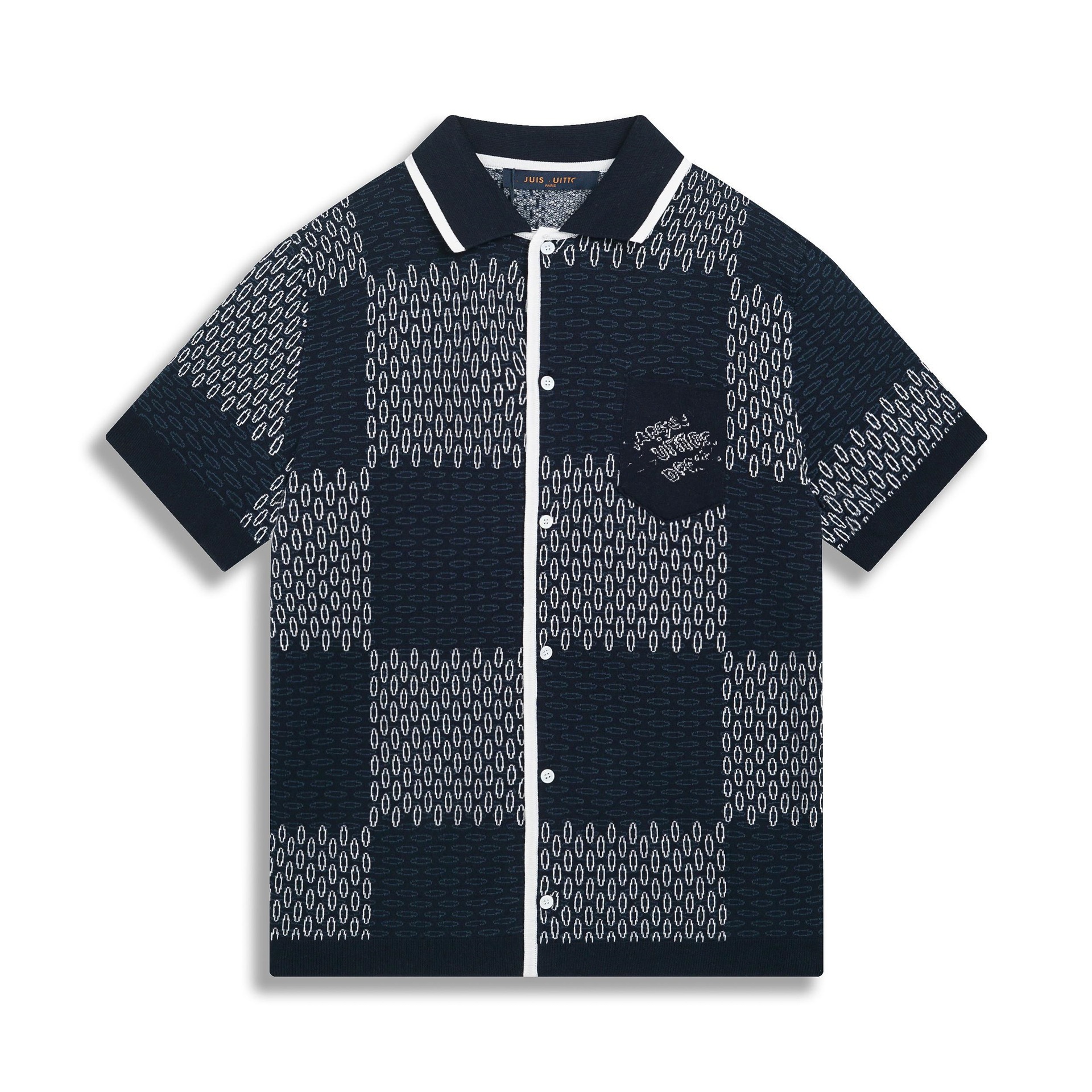 T-shirt de punto de alta versión de burro 2025 nuevo tablero de ajedrez letras jacquard casual suelta hombre y mujer mangas cortas