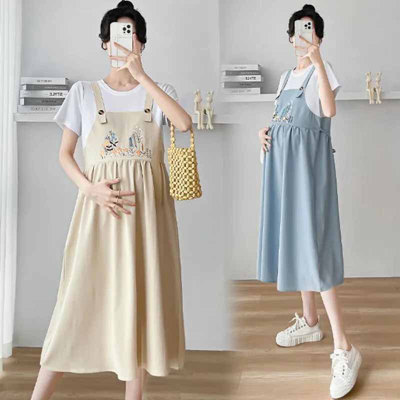 [Customized] Maternity Wear Summer Fashion Mommy T-Shirt and Suspender Skirt Two-Piece Spliced New Chinese Style Dress