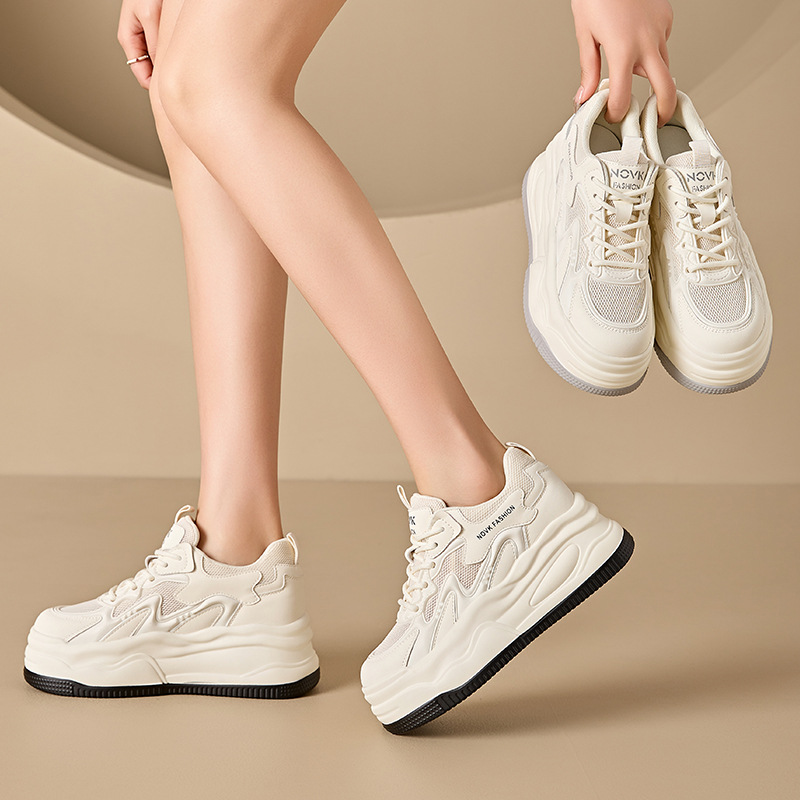 Women's Shoes 2026 Spring and Summer In-Stock Casual Mesh Breathable Sneakers Height-Increasing Fashion Round-Toe Thick-Soled White Shoes