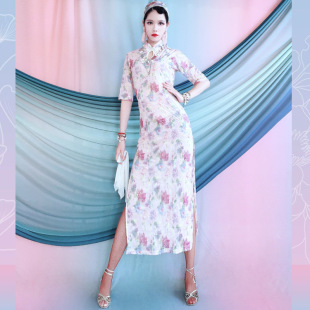 Baiya Qianhui Latin Dance Classical Dance 2025 Spring and Summer Printed Cheongsam Performance Clothing Practice Clothing Kidsren's Practice Clothing