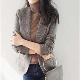 格子小西装外套女短款春秋女装新款修身格纹女士西服小个子潮新品