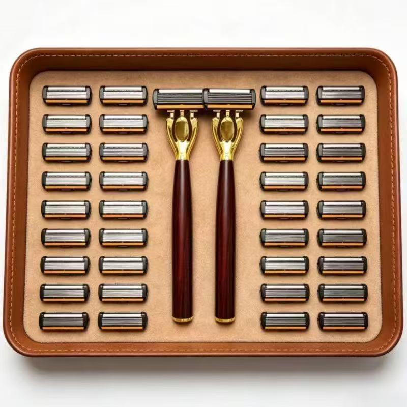 Six-layer manual razor men's shaving set with replaceable stainless steel blades, redwood handle, and gold-colored razor stand
