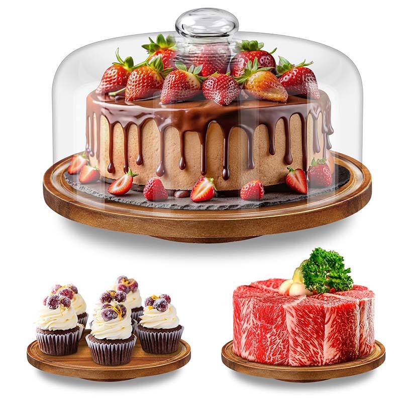 Wooden cake stand for home kitchen and dessert shop, rotatable with glass dome, dessert preservation display tray