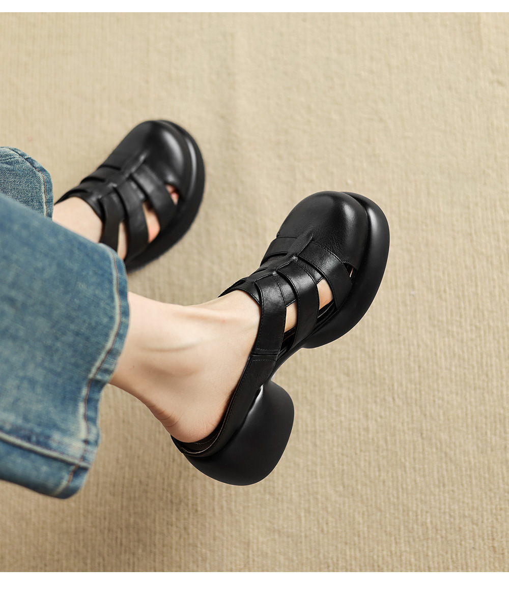 Sandal cao gót nữ mũi hở phong cách La Mã đế dày 6 cm — đen chi tiết 17