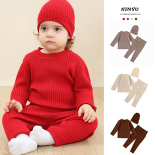 Infant and Toddler Winter Class a Sweater Three-Piece Set 2025 New Boys and Girls Baby Warm Red Knitted Suit