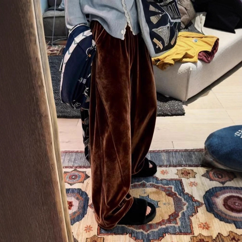 Coffee-Colored Velvet Pants 2026 New Style This Year's Popular Hot-Selling Sports Pants Casual Loose Straight Wide-Leg Pants for Women