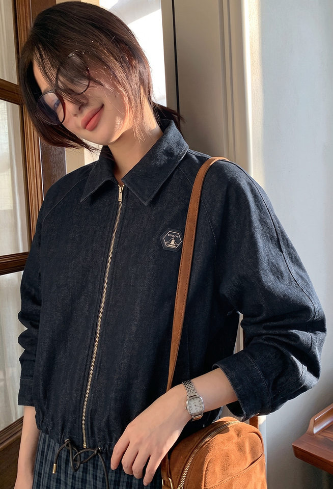 Áo khoác denim nữ dáng thông thường, dài tay, cổ bẻ, có dây rút, phong cách công sở — Màu tím than chi tiết 1