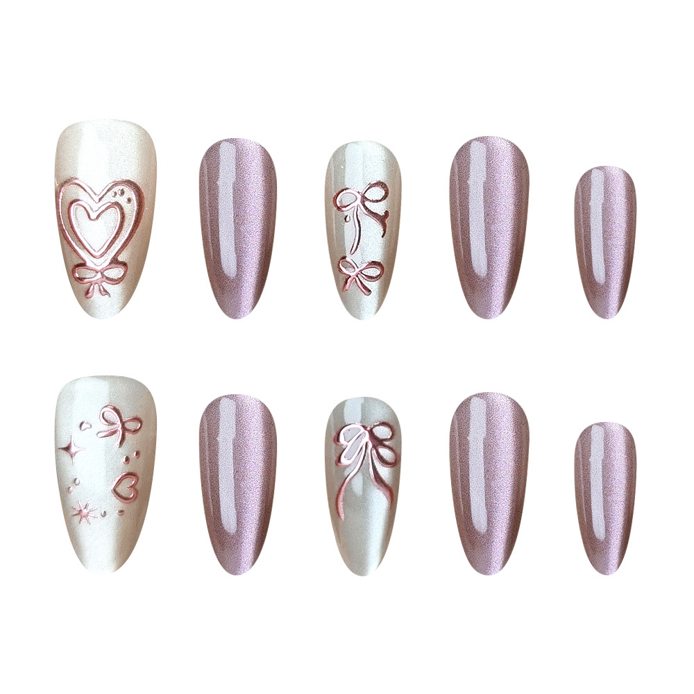 Love Cat Eye Bowknot Wear Armor 10 piezas de estrellas de código dividido uñas hechas a mano Parche de uñas en forma de almendra tridimensional