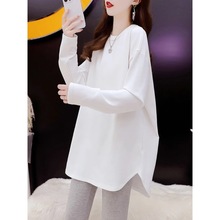 白色长袖t恤女卫衣内搭打底衫加绒宽松中长款纯棉洋气上衣秋冬季
