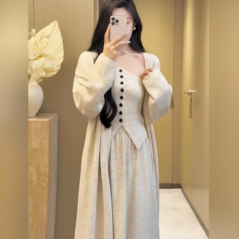高级慵懒风针织开衫外套斜肩背心三件套女秋冬新款网红半身裙套装|undefined
