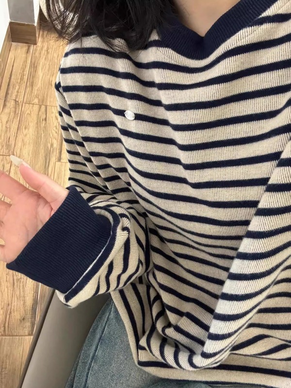 美式复古条纹毛衣圆领针织衫无帽卫衣女2025秋冬新款宽松慵懒上衣|undefined