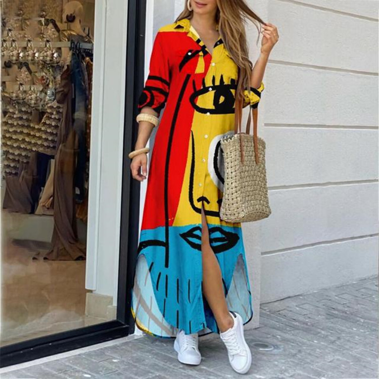 Women's A-line Skirt Casual Shirt Collar Long Sleeve Color Block Maxi Long Dress Daily Street display picture 2
