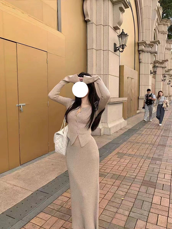 早安樊樊 温柔韩系氛围感微喇袖口针织上衣+半身裙套装女春两件套|undefined