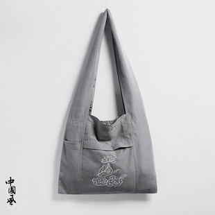 Chinese Style Lotus Embroidered Shoulder Bag, Canvas Crossbody Bag, Shoulder Bag, Layman Bag, Monk Backpack, Ancient Style Zen Style