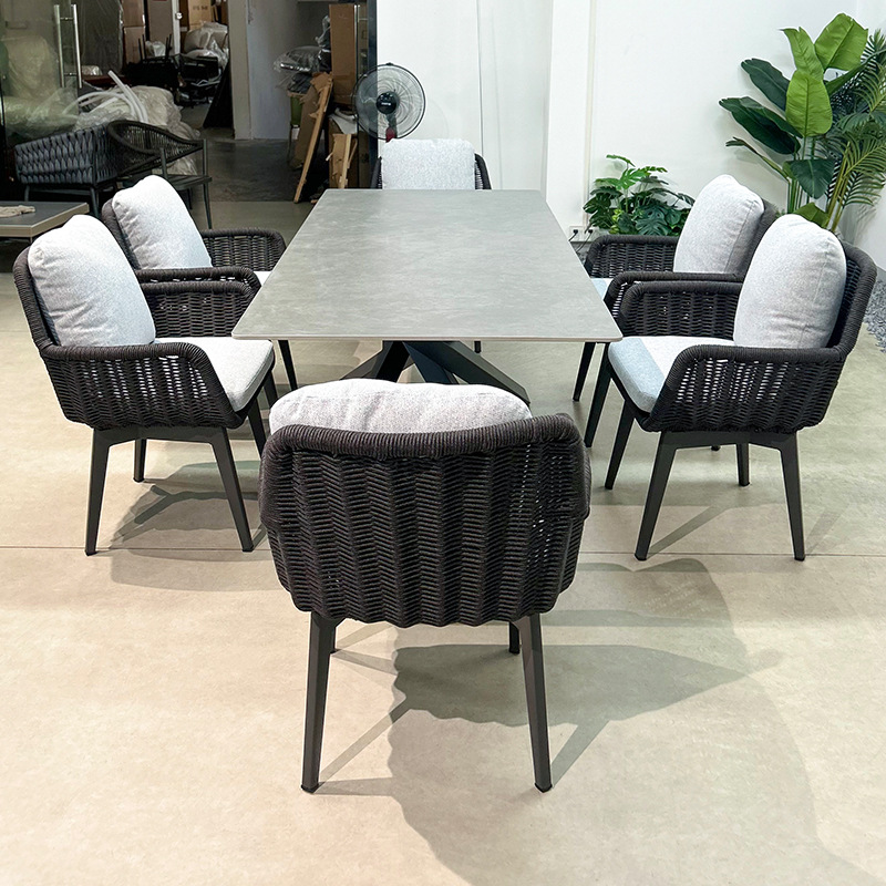 Mesa y silla de ocio al aire libre de cuerda, mesa larga de aleación de aluminio, jardín al aire libre, muebles impermeables y protectores solares