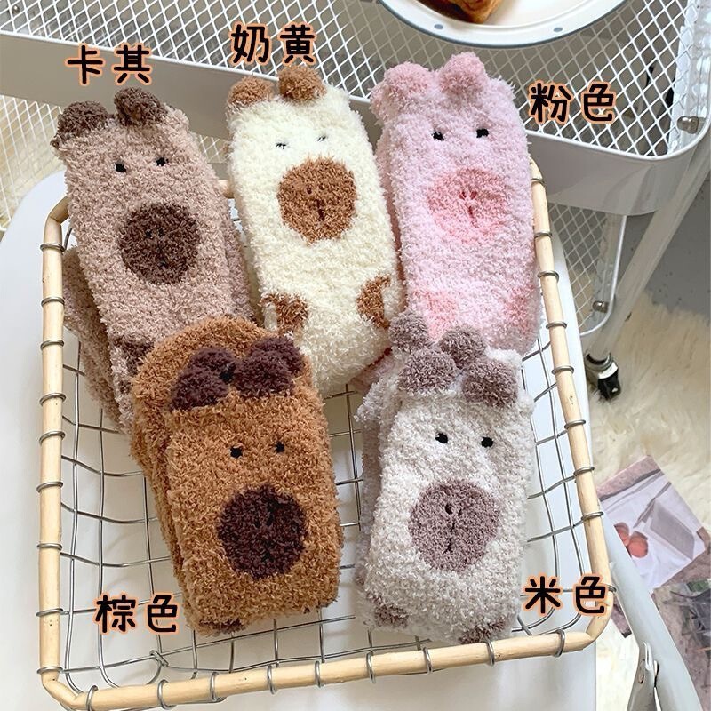 Coral Fleece Socks Women Thickened Mid Tube Cartoon Capibara Sleeping Socks Autumn and Winter Socks Women