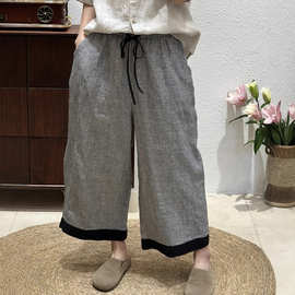 复古棉麻格子阔腿裤女夏季拼接亚麻九分裤宽松休闲防蚊直筒裙裤