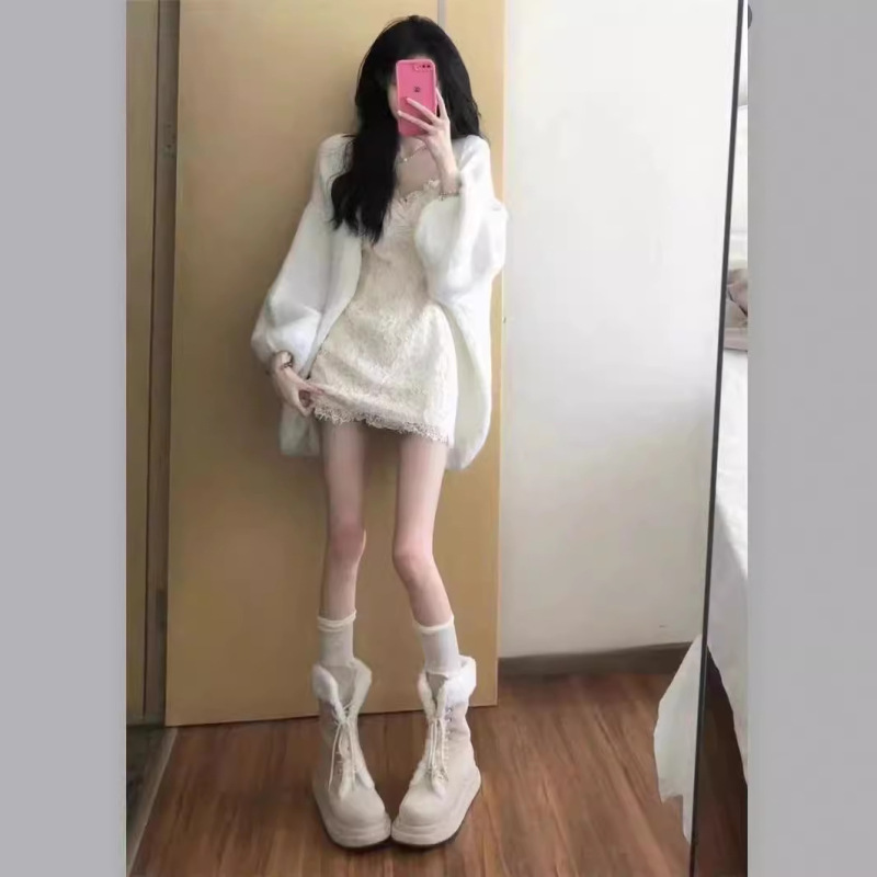 Pure desire gentle style sexy lace sling dress autumn and winter Inner short skirt lazy style sweater coat two-piece set Pure desire gentle style sexy lace sling dress autumn and winter Inner short skirt lazy style sweater coat two-piece set