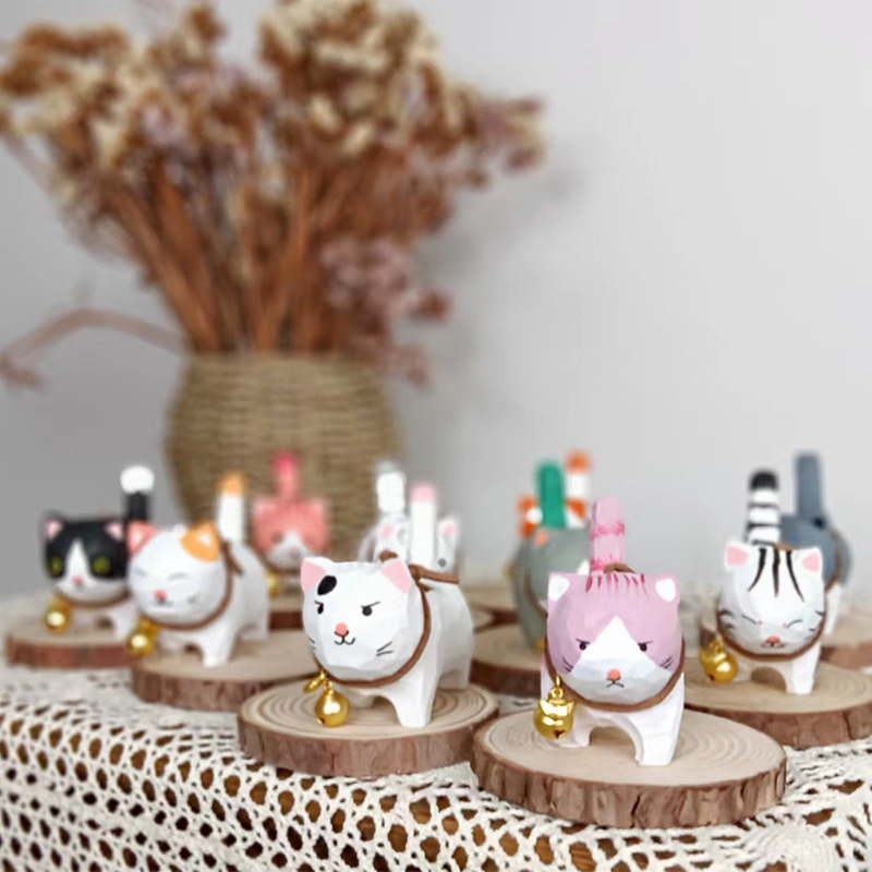 Wooden Hand-carved Crafts Office Desktop Ornaments Cute Bell Cat Creative Handmade Solid Wood DIY Ornaments