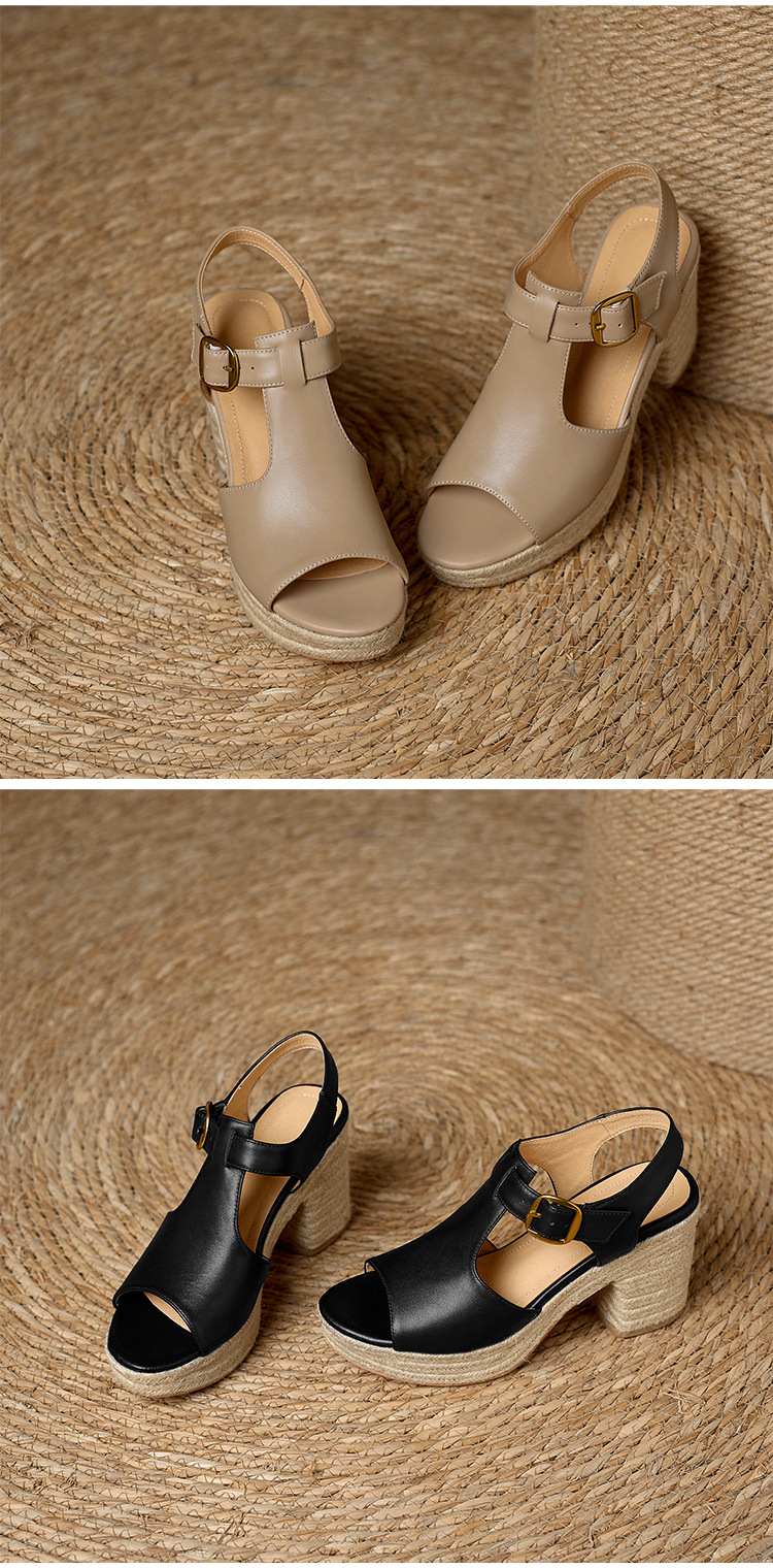 Sandal cao gót nữ hở mũi đế dày 8.5 cm quai chữ T phối đế cói vintage — đen chi tiết 13