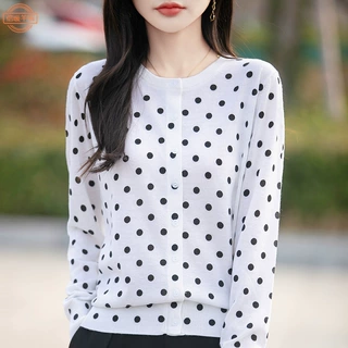 春夏季薄款V领针织开衫女气质时尚波点宽松外套精纺羊毛显瘦上衣