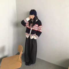 秋冬新款北欧费尔岛氛围感复古提花双拉链毛衣外套圆领开衫毛衣女