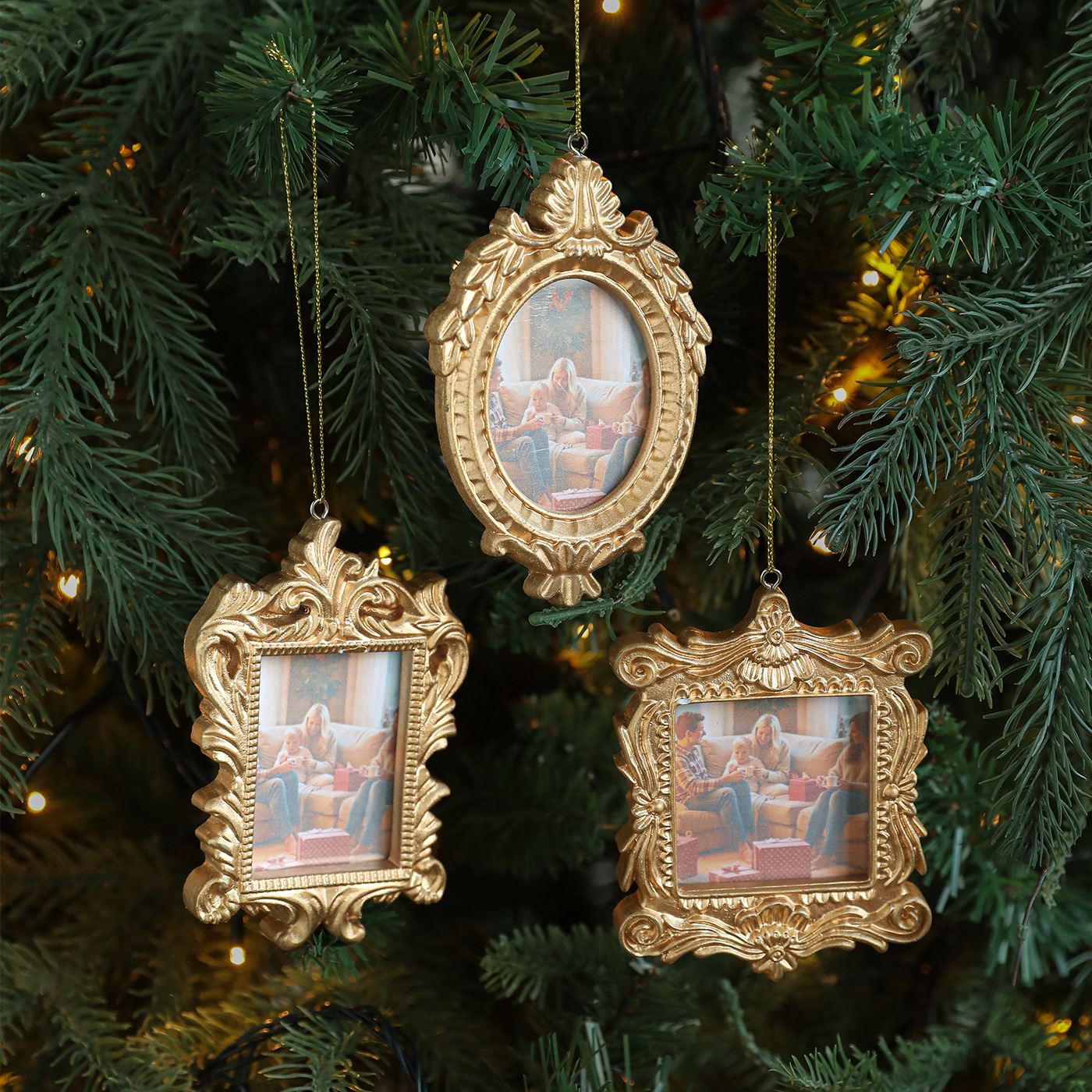 Cross-border clásico cuadrado oval marcos de fotos barrocos mini pequeño marco de fotos decoración del árbol de Navidad colgante colgante