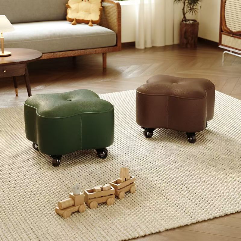 Swivel Small Stool for Home Use, Solid Wood Low Stool for Living Room, Silent with Wheels, Leather Ottoman, Four-Leaf Clover Sliding Stool