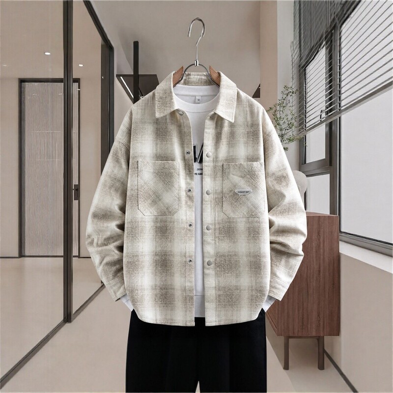 Spring and autumn men's plaid washed denim shirt, loose fit, turn-down collar, long sleeve, casual versatile top, jacket Spring and autumn men's plaid washed denim shirt, loose fit, turn-down collar, long sleeve, casual versatile top, jacket