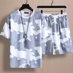 Trendy Student New Short-Sleeved Shorts T-Shirt Two-Piece Set for Men Summer Camouflage Set with Work Sports Suit