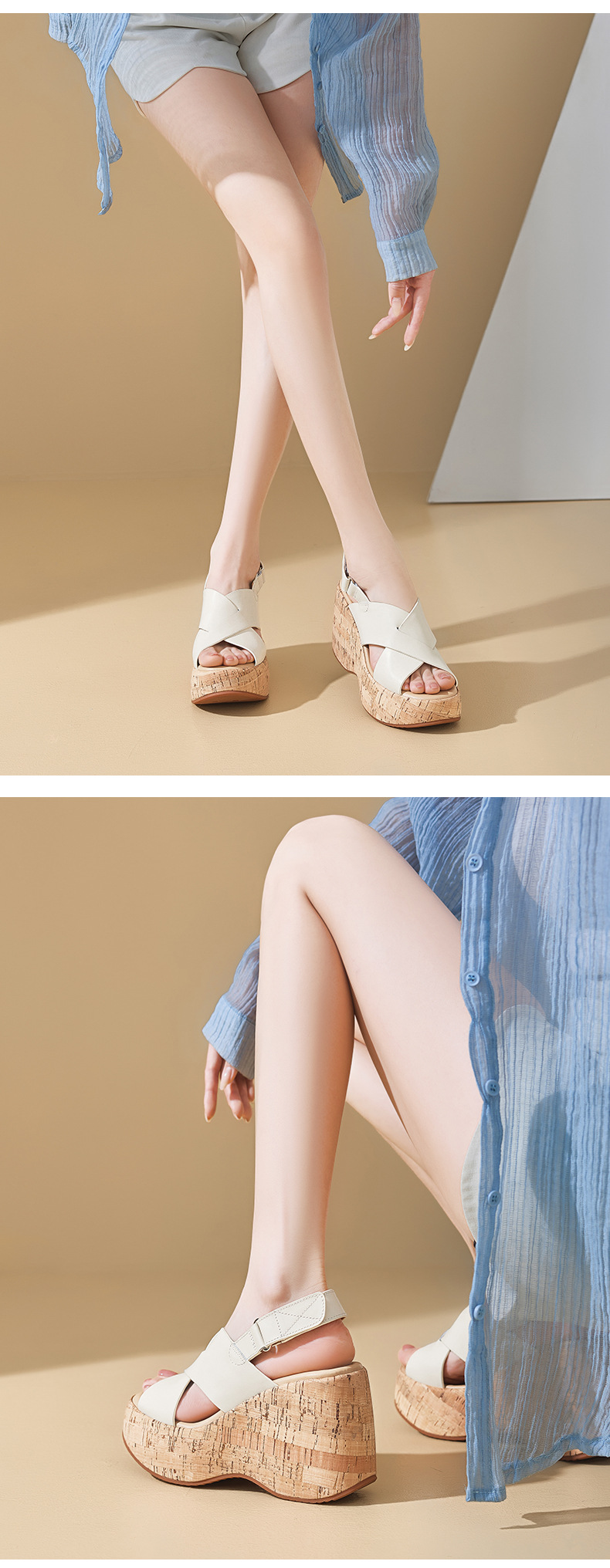 Sandal cao gót nữ quai chéo hở mũi đế xuồng 10cm da bò thật phong cách La Mã — màu đen, màu trắng ngà chi tiết 7