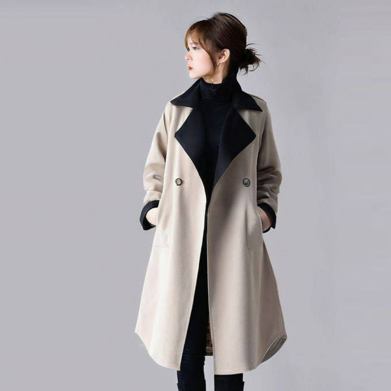 Women's Oversized Long Trench Coat With Contrast Collar - Autumn Casual Streetwear Jacket (S/M/L) Women's Clothing_voghion.com