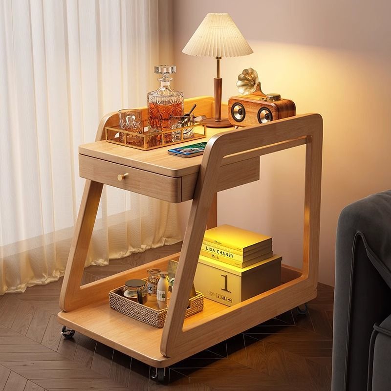 Mesa de té de madera maciza, sofá, carro, estante de almacenamiento con ruedas, mesa pequeña, mesa de trabajo, mesa de cabecera móvil