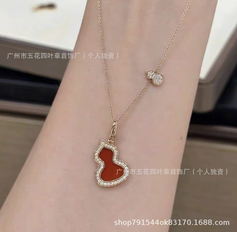 麒麟葫芦项链CNC高版本18K玫瑰金厚金电镀红玛瑙白贝母吊坠锁骨链|undefined