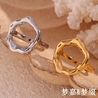欧美时尚简约小众轻奢指环饰品不锈钢镀18K金不规则圆环镂空戒指