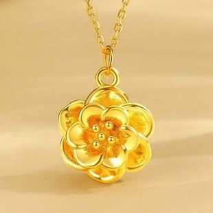 Pure Gold 999 Peony Flower Water Shell Gold Pendant 3D Hard Gold Worldly Wealth Flower Clavicle Necklace Mother's Women's Day