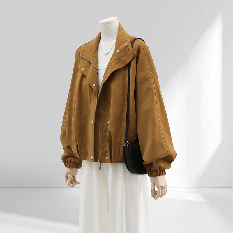 Áo khoác nữ dáng rộng cổ đứng phối lệch phong cách vintage, form suông thoải mái, khóa kéo tiện dụng — Brown Original Vải Nâng cấp