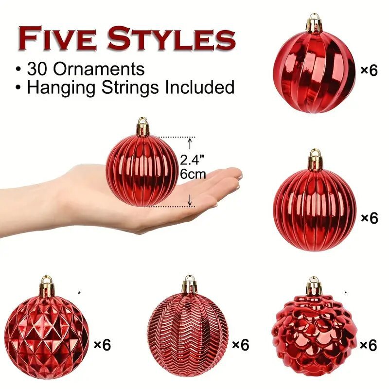 Inventario de Navidad nuevo 6cm conjunto de más de 30 bolas de plástico de forma especial brillante caja de regalo de Navidad colgante de árbol de Navidad
