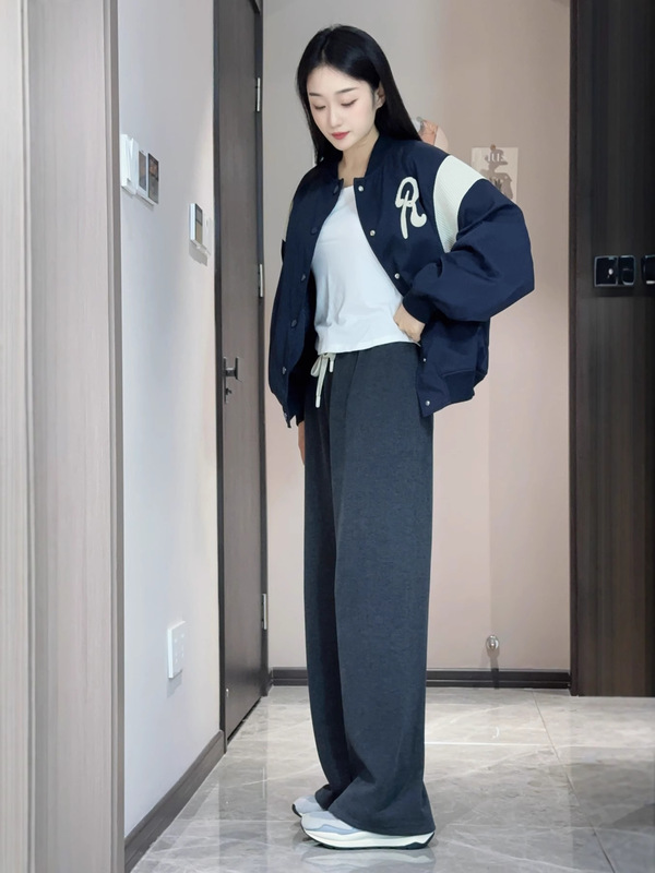 加绒阔腿裤女秋冬高腰羊绒休闲裤显瘦绵羊毛直筒拖地深灰色休闲裤|undefined