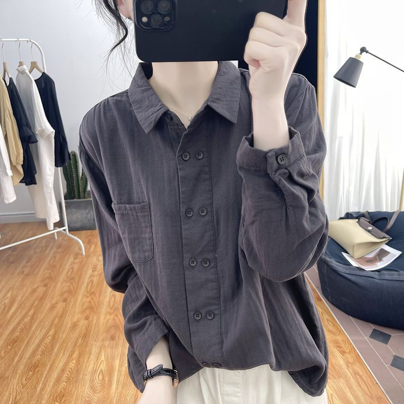 设计感纯色百搭双排扣棉麻长袖衬衫女春秋新款polo领宽松衬衣|undefined