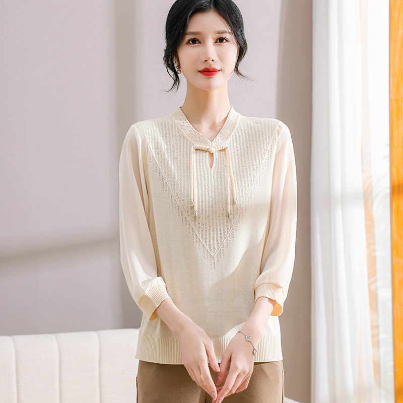 中老年女装复古旗袍领针织衫夏季冰丝七分袖上衣风宽松打底衫，女装针织衫/毛衣，妃慕昵服饰
