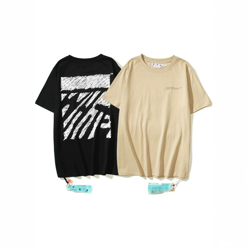Trendy Brand Off-White Pencil Sketch Thick-Stroke Diagonal Pattern Square Short-Sleeve T-Shirt with Light Gray Fine Letter Print on the Chest Trendy Brand Off-White Pencil Sketch Thick-Stroke Diagonal Pattern Square Short-Sleeve T-Shirt with Light Gray Fine Letter Print on the Chest