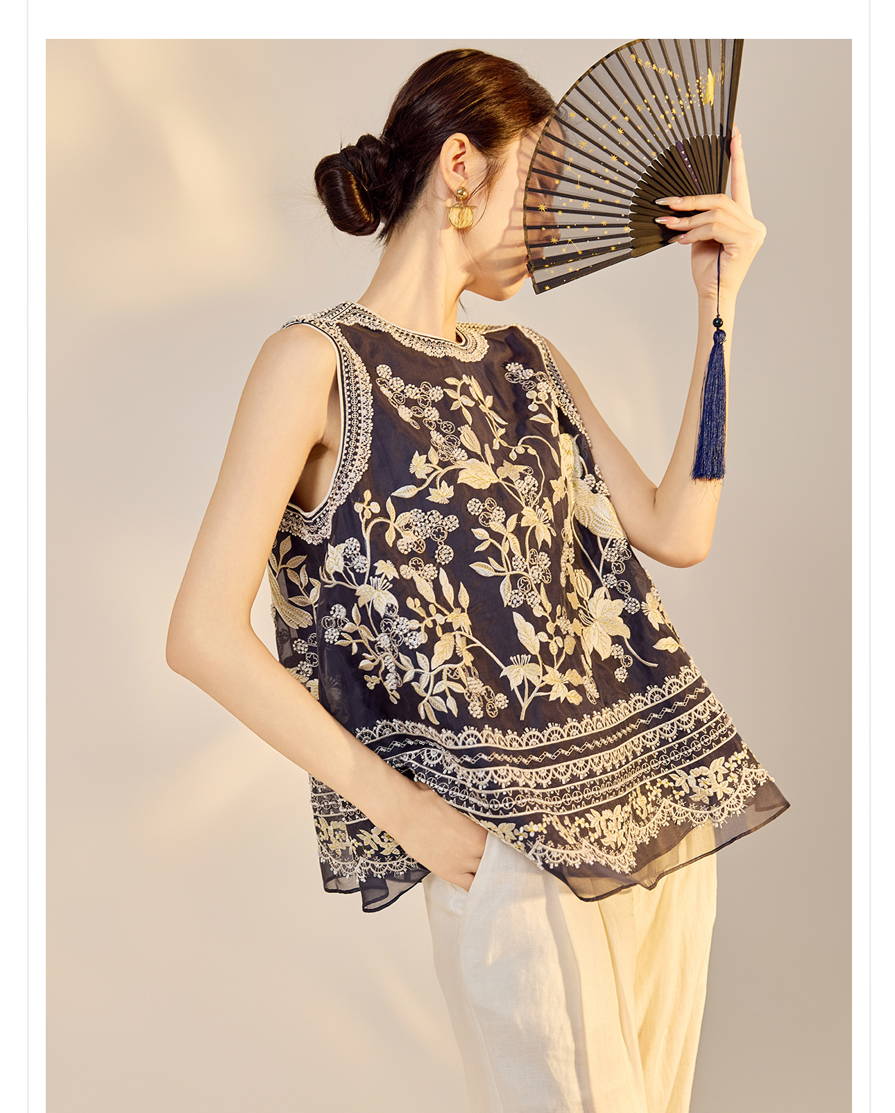 Áo vest không tay cổ tròn đính cườm nặng lụa tơ tằm phong cách Tân Trung Hoa ZX N6013 — màu xanh hải quân chi tiết 9