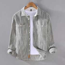 春秋季条纹长袖衬衫男日系复古文艺范时尚休闲宽松港风衬衣外套潮