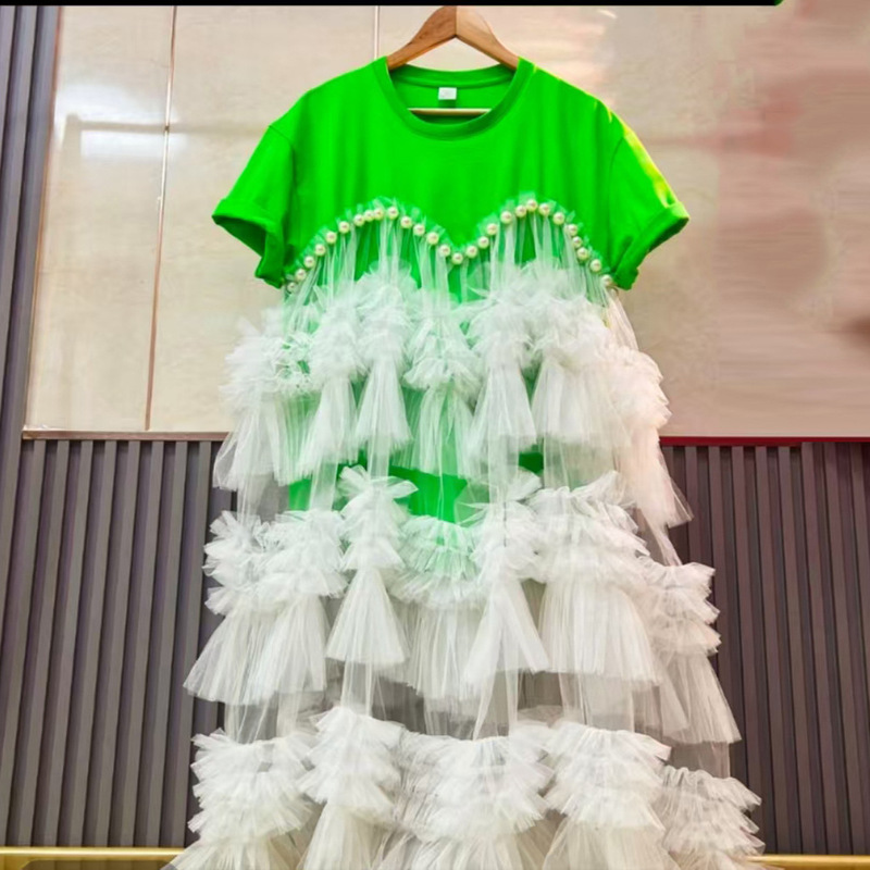 2025 New Nanyou Classy Goods Heavy Industry Handmade Beaded Flower Stitching Fluffy Mesh T-Shirt Skirt Women's Dress