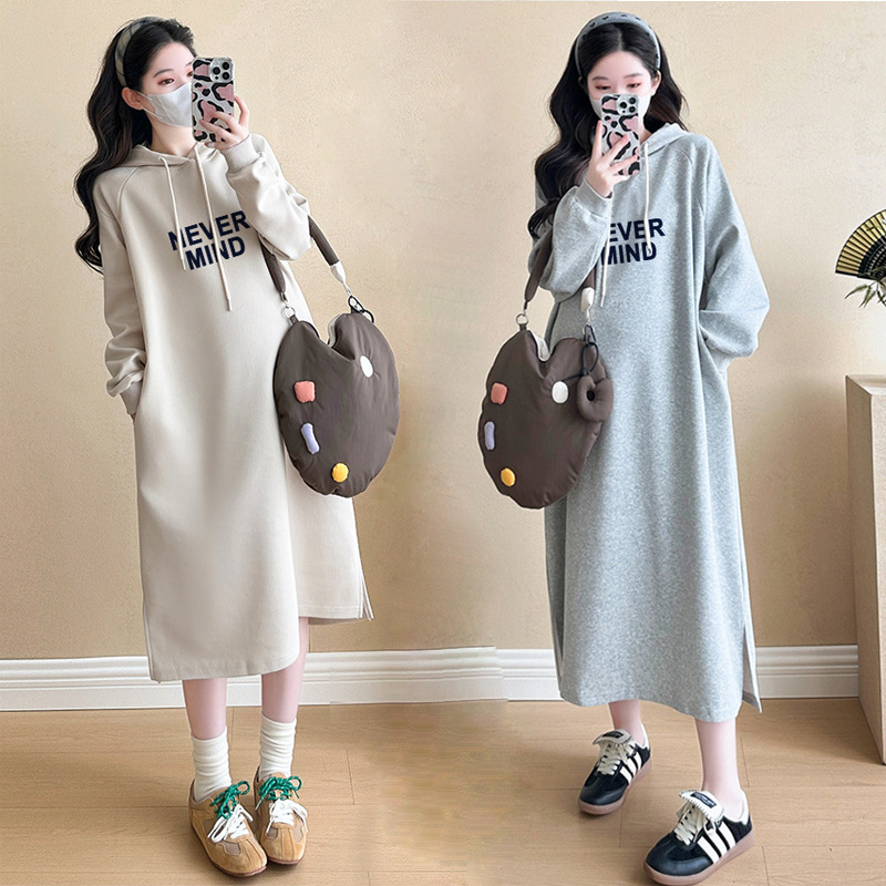 Lazy Style Slimming Letter Printed Hoodie Dress Maternity Dress Autumn dress Loose Casual Mid-length