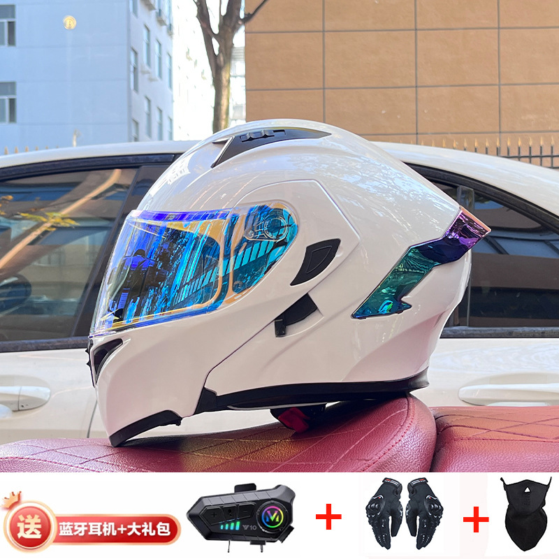 Casco de exposición Orz para hombres y mujeres invierno Doble espejo coche eléctrico semi-Casco completo cola de color coche deportivo ranura Bluetooth cuatro estaciones casco